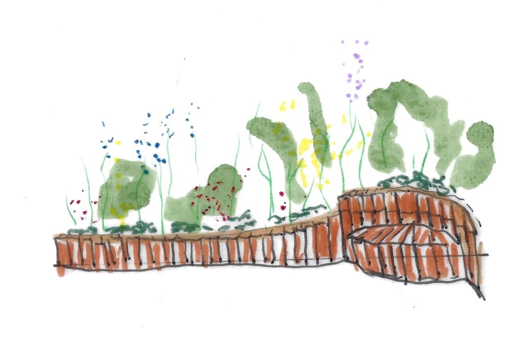 De grote plantenbak op de erfgrens heeft een geïntegreerde bank